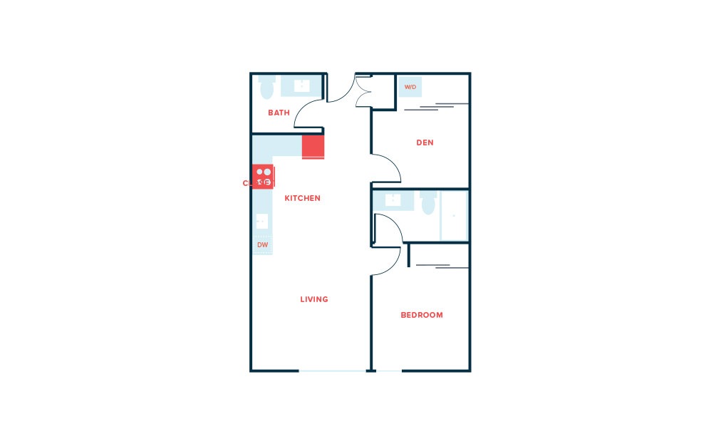 1 Bed + Den - 1 bedroom floorplan layout with 1.5 bath and 757 square feet.