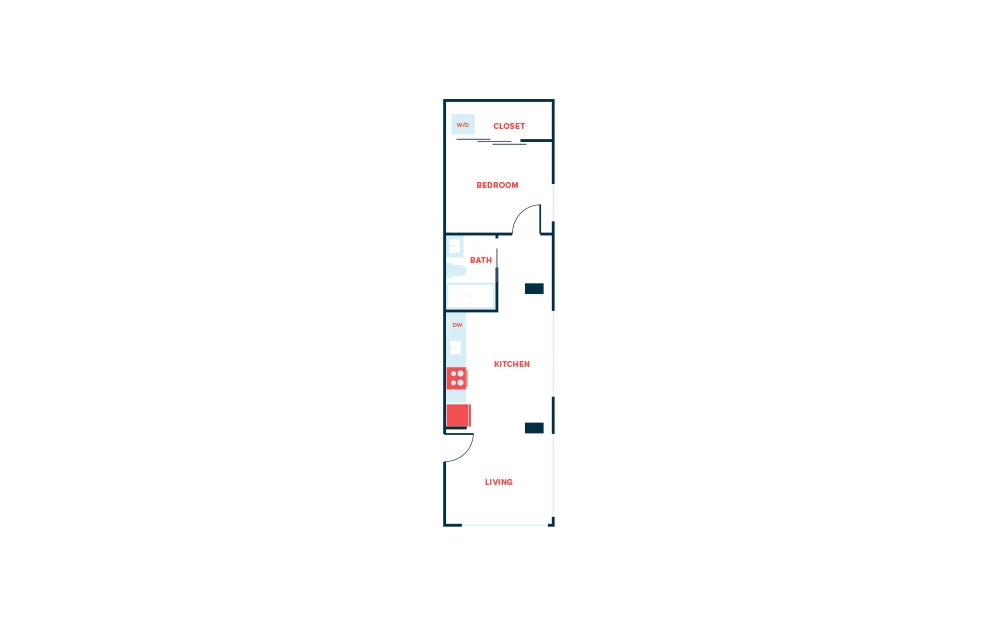 1 Bed B - 1 bedroom floorplan layout with 1 bath and 554 square feet.