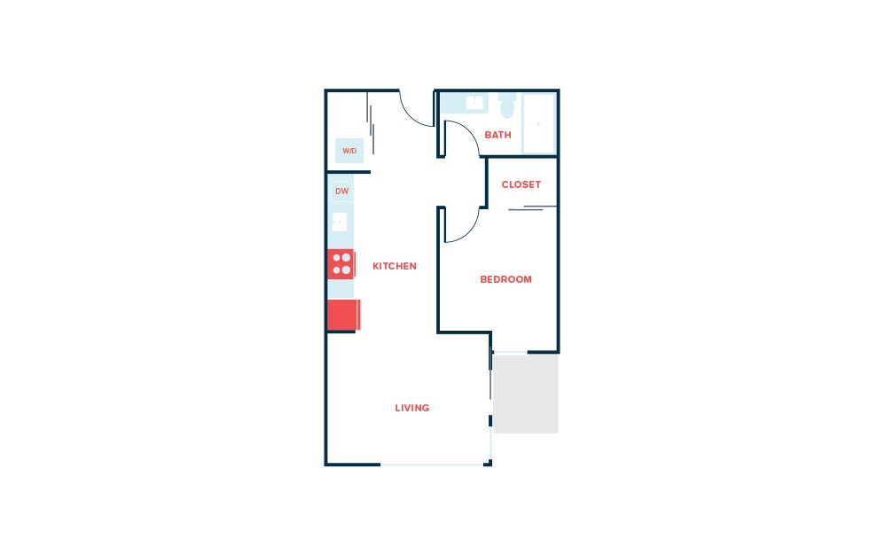 1 Bed D - 1 bedroom floorplan layout with 1 bath and 645 square feet.