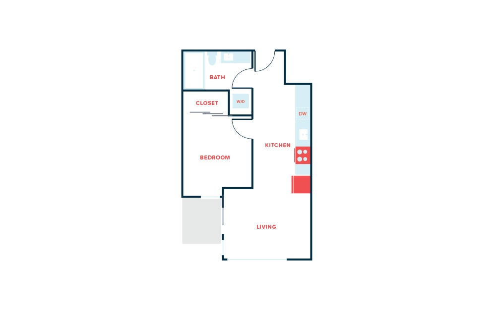 1 Bed E - 1 bedroom floorplan layout with 1 bath and 580 to 583 square feet.