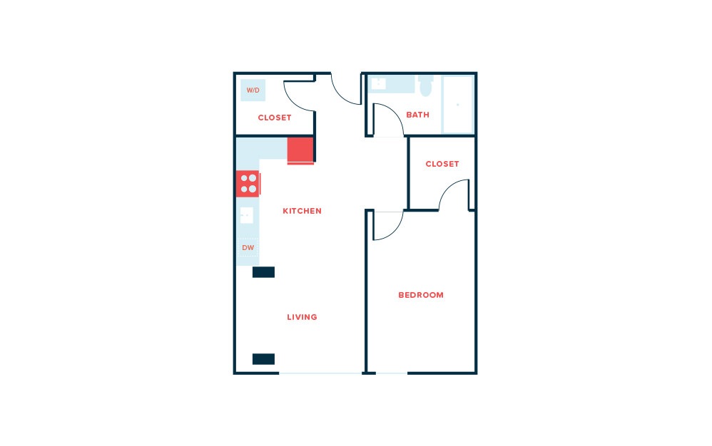 1 Bed F - 1 bedroom floorplan layout with 1 bath and 718 to 719 square feet.