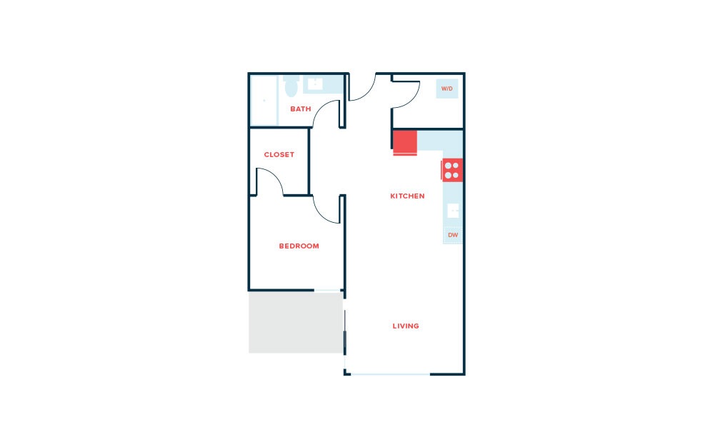 1 Bed J - 1 bedroom floorplan layout with 1 bath and 718 to 722 square feet.