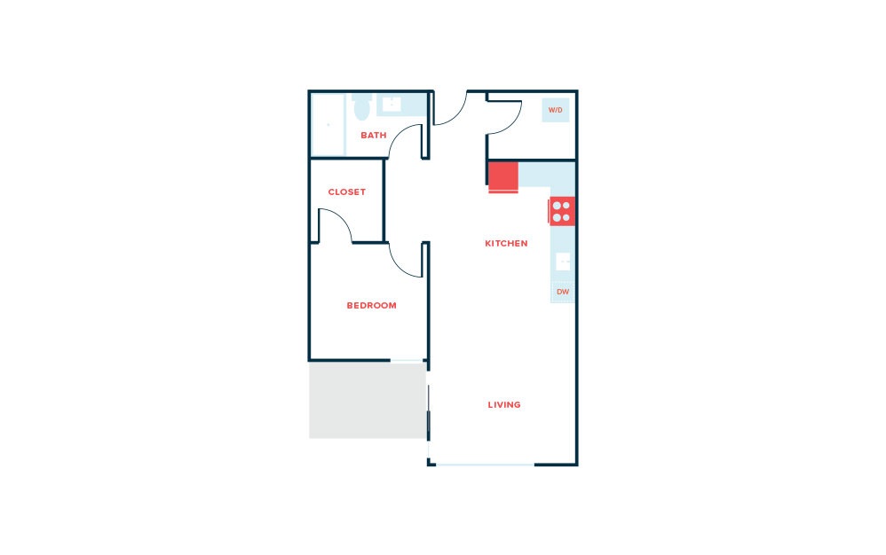 1 Bed J - 1 bedroom floorplan layout with 1 bathroom and 718 - 722 square feet