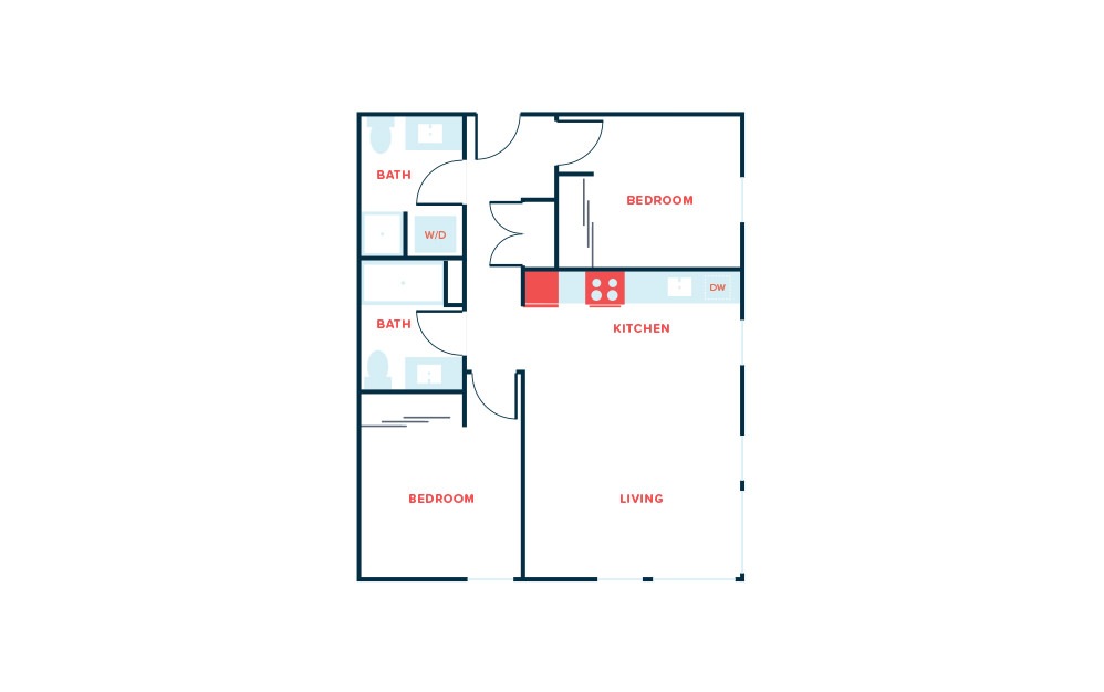 2 Bed C - 2 bedroom floorplan layout with 2 baths and 835 to 843 square feet.