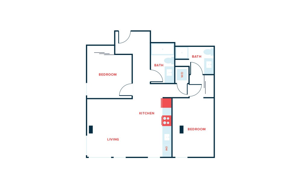 2 Bed F - 2 bedroom floorplan layout with 2 baths and 954 square feet.