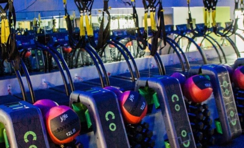 a row of workout equipment
