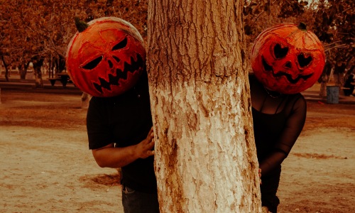Two people sticking their heads out from behind a tree wearing pumpkin heads for Halloween.