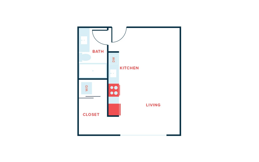 Studio J - Studio floorplan layout with 1 bath and 479 to 482 square feet.